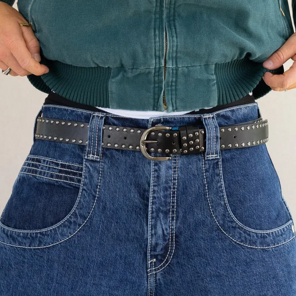 Vintage Black Studded Leather Belt Triple Row Silver Studs Y2K Streetwear Unisex